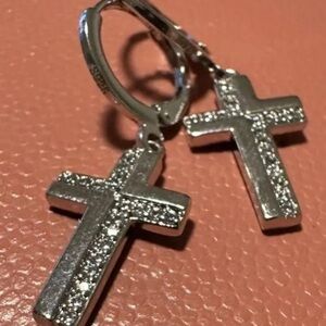 Macy's Silver Cross Drop Earrings with Clear Stones